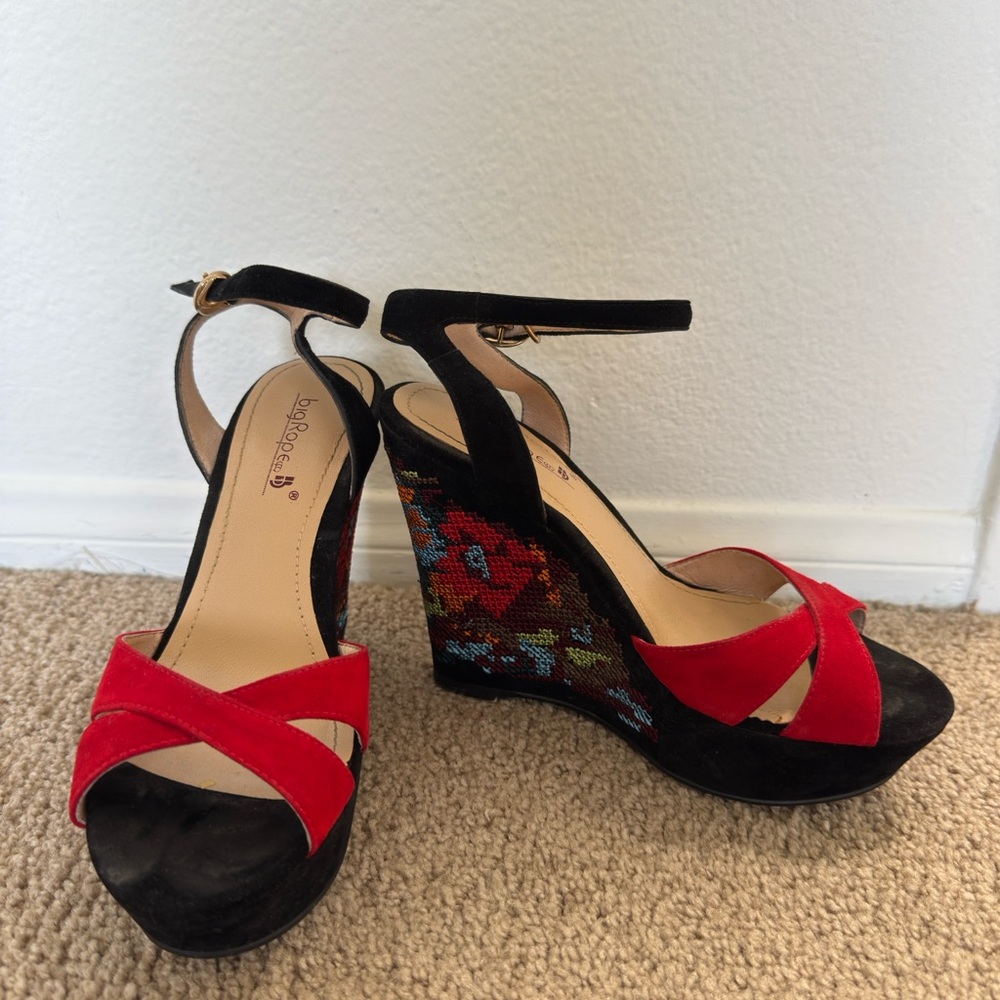 Big Rope Leather Embroidered Wedges Black Red Size 36